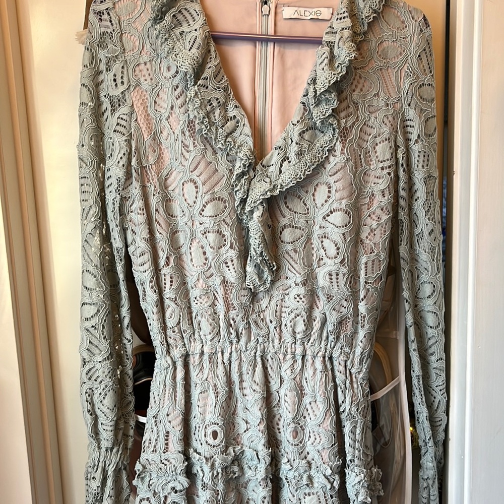 Light mint colored lace Alexis dress with choker on the dress.